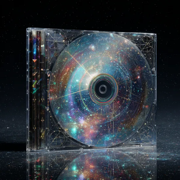一个装着CD的透明玻璃唱片盒正面安静地立在璀璨的繁星前，CD碟片由声波同心圆构成，线条随节奏迸发色彩，彩色的星系点缀星座符号，玻璃表面反射星光，背景用简洁线条勾勒出旋转的星云与几何图案，整体呈现未来感与音乐元素的结合 --v 7.0