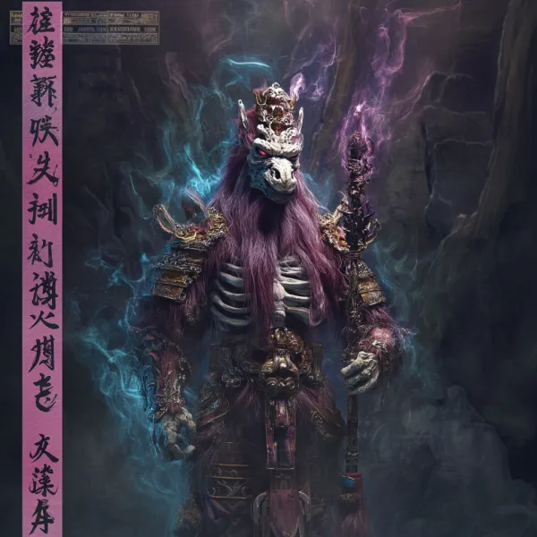 http://104.243.29.242:8088/mid/webp_(94)_d1b5e88c6c884144858eb9cb545bcd0c.png::1 中国神话地府执法者，西游记原著风格，玄幻写实动画电影，灵性能量流体，中式阴间美学占比80%，赛博幽冥科技风占比20%，材质:发光半透明丝绸青铜机械义体全息符咒，动态水墨云雾环绕，暗紫色与青金色主色调，背景:奈河数据流黄泉路，电影级配角镜头 --no 恐怖 可爱 日漫 钢铁机甲 科幻战甲 马面，精瘦身躯披星图纹披风（披风边缘离散为像素点），马头眼部覆盖青铜目镜（镜面滚动冥界坐标），鬃毛化为跳动的青紫色全息火焰，鬼头斧嵌入虫洞生成器（斧劈轨迹残留虚空裂痕），足部安装反重力蹄铁（踏步处漾开奈河波纹全息投影） --v 7.0
