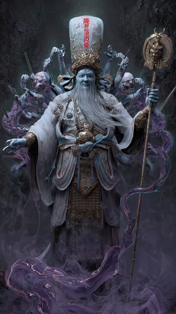 http://104.243.29.242:8088/mid/webp_(80)_6b759219821c42dab3d0af92b43deef7.png::1 中国神话地府执法者，西游记原著风格，玄幻写实动画电影，灵性能量流体，中式阴间美学占比80%，赛博幽冥科技风占比20%，材质:发光半透明丝绸青铜机械义体全息符咒，动态水墨云雾环绕，暗紫色与青金色主色调，背景:奈河数据流黄泉路，电影级配角镜头 --no 恐怖 可爱 日漫 钢铁机甲 科幻战甲 白无常谢必安，圆润灵体裹半透明素纱袍（内透金色经络光路），帽侧投影"一见生财"全息朱砂符，吐出的长舌由流动光粒组成（闪烁生死簿代码），哭丧棒转化为折叠金属杖（顶端悬浮旋转的梵文全息球），腰间令牌投射奈何桥导航图，浮空盘腿坐于数据流莲台，笑眼带电子纹路 --ar 9:16 --v 7.0