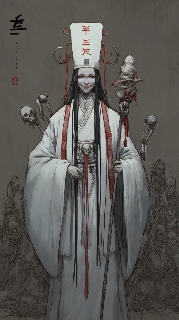 http://104.243.29.242:8088/mid/webp_(80)_e14d6d80e13d4709a48a56b84c07a550.png::1 白无常，面带笑容，身材高瘦，面色惨白，口吐长舌，穿白色衣服，其头上官帽写有"一见生财"四字"，中式美学 --ar 9:16 --v 7.0