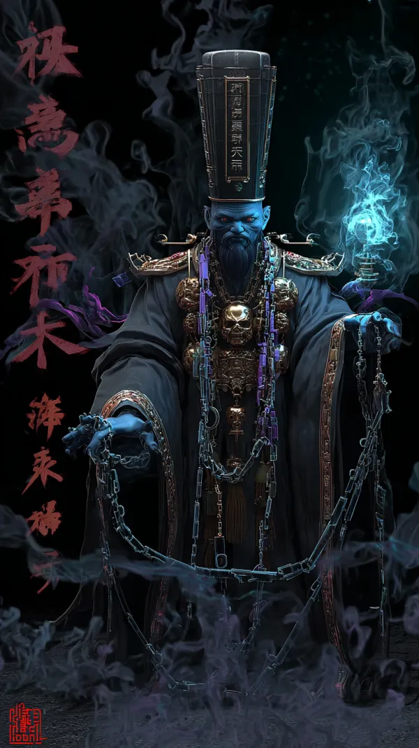 http://104.243.29.242:8088/mid/webp_(77)_7446e221ed21440dada70c1061d49d78.png::1 中国神话地府执法者黑无常，西游记原著风格，玄幻写实动画电影，灵性能量流体，中式阴间美学占比80%，赛博幽冥科技风占比20%，材质:发光半透明丝绸青铜机械义体全息符咒，动态水墨云雾环绕，暗紫色与青金色主色调，背景:奈河数据流黄泉路，电影级配角镜，黑无常范无救，瘦长灵体悬浮离地30cm，深铁青色皮肤透出经脉状蓝光，头戴结构主义黑色高帽（侧面全息投影"天下太平"篆文），黑袍转化为动态能量流体（边缘碎裂为数据粒子），右手持量子锁链（幽蓝光链由悬浮金属环拼接），左手握机械判官笔（青铜笔杆激光笔锋）， --ar 9:16 --v 7.0
