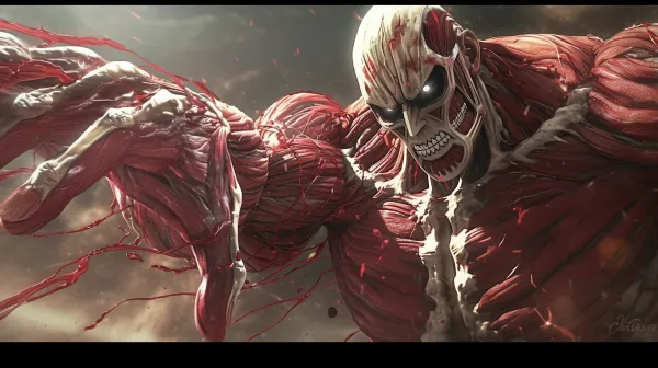 Colossal Titan, standing in full body, in the style of high dynamic range, kawaii art, animated illustrations, daz3d, Attack on Titans, manga, close-up intensity, japanese-inspired, --ar 16:9 --style raw --s 200 --niji 6