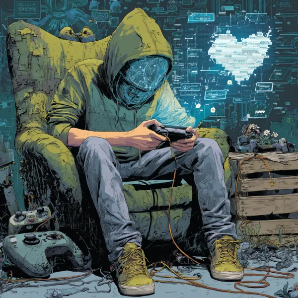 Art therapy masterpiece, midshot focus: Teenage boy in olive hoodieslouched in fabric gaming chair, face 50% covered by tablet emitting toxic #8A9A5B glow. Swipe gestures frozen mid-air - left hand clutching cracked heart stress ball, right hand veins pulsing circuit patterns. Game screen shows pixelated monster wearing father's safety helmet, health bar 'EMPATHY 23%'. Jute rope cables with LED cores wrap ankles, connecting to background father's wooden crate where he grips faded photo. Crushed chamomileunder chair leg, --v 7.0