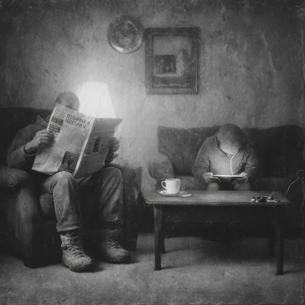 Art therapy silent confrontation: Father in armchair reading newspaper (pixelated headlines), face obscured by paper, work boots (#5D4037) stained with #E2725B clay. Son curled on sofa 3ft away, gaming tablet glow casting #8A9A5B mask, airpods emitting soundwaves forming barrier wall. Between them: - Coffee table with cold teacup ring overlapping game controller - Suspended clock hands broken at 8:15 (son's birth time) - Family photo album open to torn page (father-son camping) Lighting: Cold TV glow vs warm abandoned floor lamp, shadows avoiding contact. Texture: Newsprint disintegration  polycarbonate smoothness --v 7.0