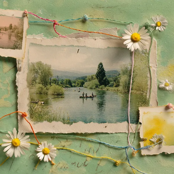 Deconstructed photo album background: Torn vintage photo corners (content: fishing trip/camping) floating on sage green (#8A9A5B) wash, connected by colored thread loops. Photos partially dissolved into paper pulp texture, with embedded chamomile petals from foreground. Watercolor bleed effect --v 7.0