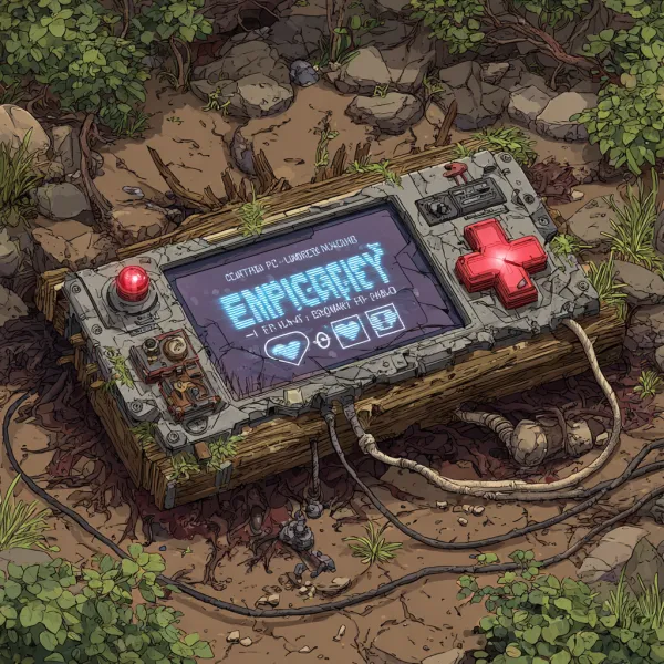 t therapy game console: 1) Device Hybrid tablet with cracked matte screen, embedded in decaying oak frame (#5D4037) 2) Interface Pixel RPG battle UI showing: - Monster: Father's safety helmet  dragon claws - Health bar: 'EMPATHY 23%' in 8-bit font - Skill icons: Wrench (#E2725B glow) / Broken heart (#E2725B) 3) Cables Jute rope coated with glowing #E2725B resin, snaking into soil 4) --v 7.0
