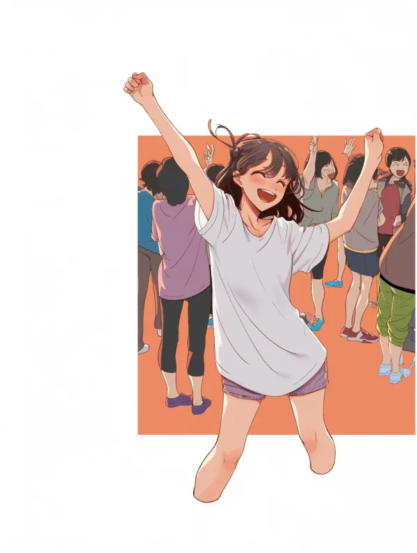 http://104.243.29.242:8088/mid/邮轮.png 动漫风格，举手欢呼的女生，侧面，全身像，动态，开心，大笑，白色背景 --niji 6