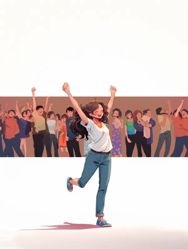 http://104.243.29.242:8088/mid/邮轮.png 动漫风格，举手欢呼的女生，侧面，全身像，动态，开心，大笑，白色背景 --niji 6