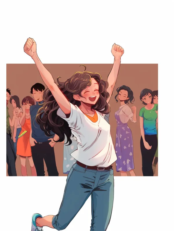 http://104.243.29.242:8088/mid/邮轮.png 动漫风格，举手欢呼的女生，侧面，全身像，动态，开心，大笑，白色背景 --niji 6