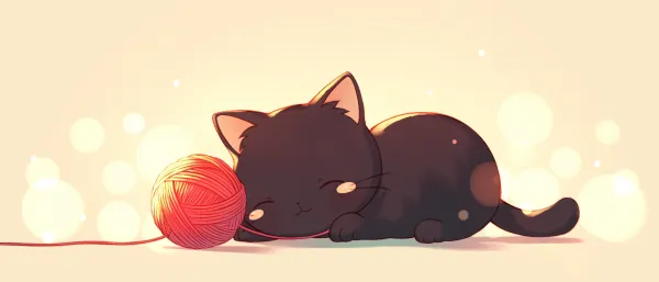 Chibi black cat playing with yarn ball, minimalist 0.7mm line art, curious head-down pose, paws rolling thread, clean cream background, soft bokeh lights, Japanese kawaii style --ar 21:9 --niji 6