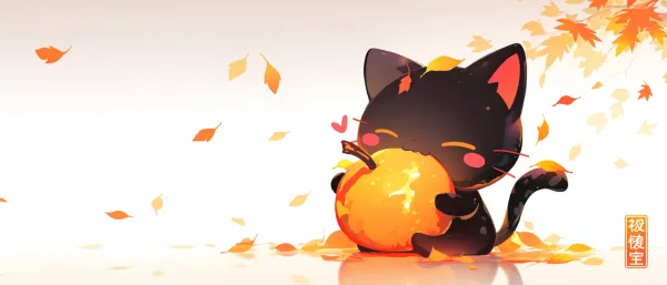 A chibi black cat hugging macaron-white persimmon in droplet shape silhouette, honey-glowed fruit gradient, cat ears and calyx twined into heart, tail extending as horizon line, oat white gradient background with subtle gray shadow, floating translucent orange leaf silhouettes, "柿安" seal stamp lower right, minimalist warm illustration --ar 21:9 --niji 6