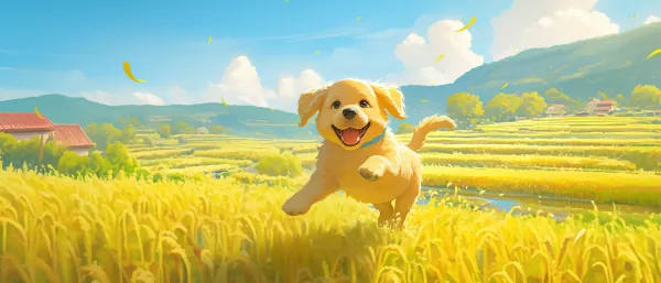 A golden retriever puppy bounding through terraced fields, vibrant emerald and sunflower yellow layers under soft sunlight, cartoon style with painterly textures, shimmering stream winding through rice paddies, dynamic motion lines capturing joyful leaps, fluffy fur rendered in thick impasto strokes, bokeh dandelion seeds floating in warm air, idyllic countryside panorama --ar 21:9 --niji 6