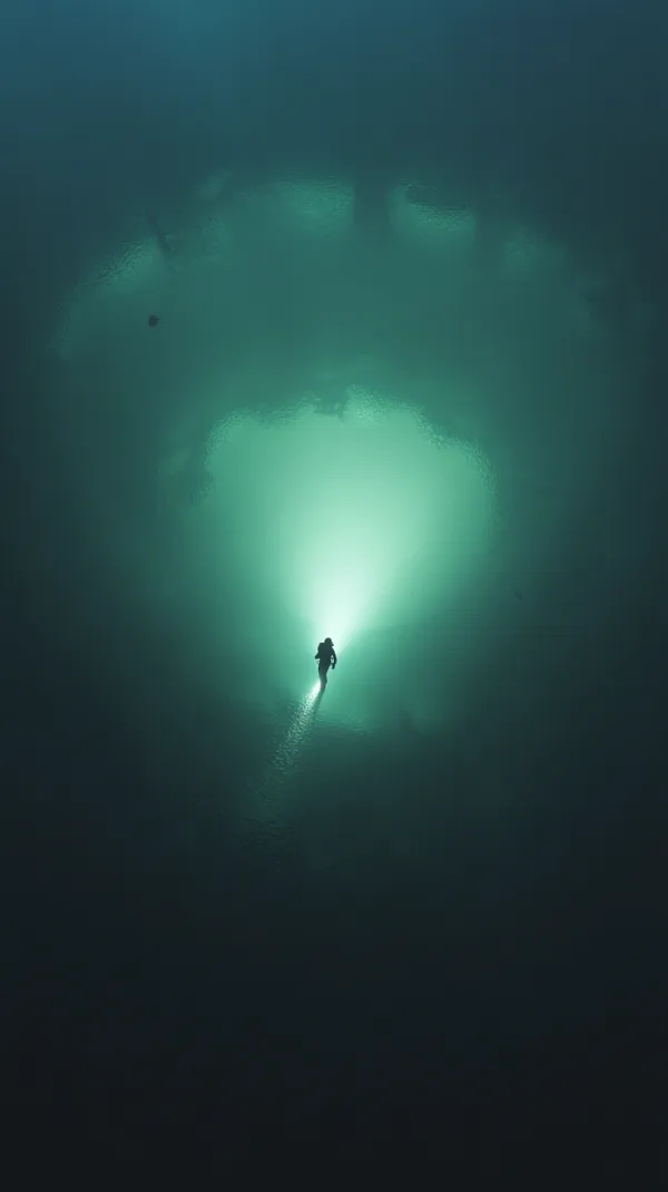 潜水员第一视角，深海无光地狱，背景是吞噬一切的浓墨黑暗。潜水员头戴冷白色强力探照灯光束刺透浑浊的幽绿色海水，形成锥形光域，水中悬浮物如尘埃飞舞。 光束猛地撞向一个仿若海底岛屿的庞然大物！ 一只超乎想象的巨型水母赫然现身其全貌，它那半透明的身体如同巨大的穹顶，散发着幽蓝色的神秘光芒，在强光下闪烁着如梦幻般的霓虹色彩。每一道触须都粗壮得如同巨大的缆绳，长度超过了潜水员的视野范围，触须上布满了密密麻麻的刺胞，如同夜空中闪烁的繁星，在水流中轻轻摇曳。它的身体中央，有一个巨大的核心，如同深邃的宇宙黑洞，不断地吞吐着海水，发出低沉而恐怖的轰鸣声。核心周围环绕着一圈圈的环状结构，如同古老的神秘符文，闪烁着奇异的光芒，仿佛蕴含着无尽的秘密。最令人胆寒的是它的大小，光束全力照射，也只能勉强勾勒出它那庞大身躯的轮廓，其整体尺寸保守估计超过了五十米，如同一个被深海封印的远古巨兽！ 它并非静止，而是在缓慢、无声地漂移过海床，每一次触须的摆动都激起巨大的漩涡，那透明的伞盖如同一座巨大的宫殿，在幽暗水流中阴森摇曳。这巨物占据了整个视野，庞大到让潜水器的探照灯都显得微不足道，它本身就是深海神秘力量的具象化，其存在的震撼几乎摧毁了所有心理防线。 高对比度窒息感，水压扭曲光线，写实水下摄影，深蓝绿色调中点缀水母冷光，8K 超高清细节，克苏鲁式压迫恐惧。 --ar 9:16 --q 1.25 --s 150 --v 7.0