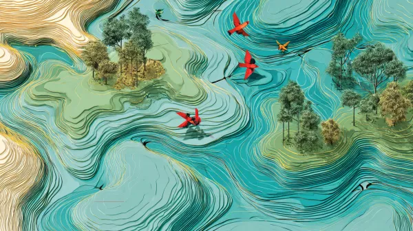 森林， 彩绘， 轮廓线， 自然装饰， 海南红树林生态公园， 鸟类， 湿地公园， 轮廓画， 线条画， 趣味绘本， 极简主义， 线条设计叠加在几个不规则的曲线色块上， 自然， 纹理， 绘画， 海报， 超高清 --ar 16:9 --v 7.0