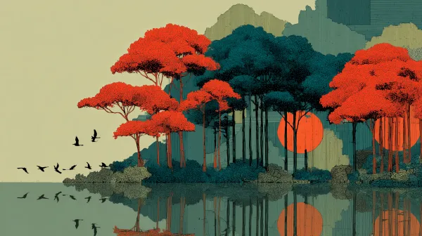 森林， 绘画， 轮廓线， 自然装饰， 海南红树林生态公园， 鸟类， 湿地公园， 轮廓画， 线条画， 趣味绘本， 极简主义， 线条设计重叠在几个不规则曲线色块上， 自然， 纹理， 绘画， 海报， 超高清 --ar 16:9 --s 500 --v 7.0