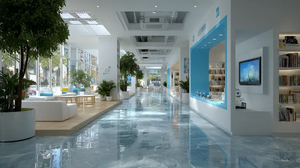 国际高中科技展厅一楼，半户外现代科技阅读空间，3D 建模和渲染（上、左、右、全景）。现代科技，多媒体、智能机器人，休闲桌椅，立柱书架，书架，热带植物盆栽，儿童趣味阅读空间，国际化，科技蓝色调，照片质感，3D渲染超高清 --ar 16:9 --s 500 --v 7.0
