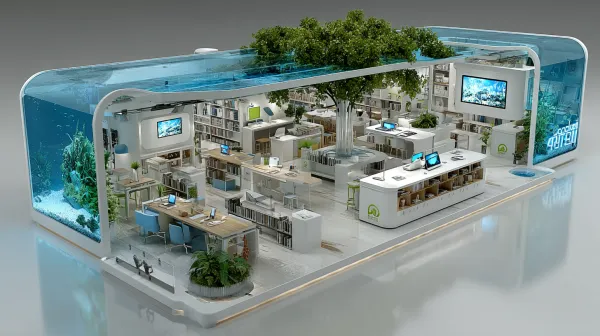 国际高中科技展馆一楼，半户外现代科技阅读空间，3D建模渲染（上、左、右、全景）。科技感:现代科技多媒体、智能机器人、休闲桌椅、立柱书架、书架、热带植物盆栽、儿童趣味阅读空间、国际化、科技蓝、照片质感、3D渲染超高清 --ar 16:9 --s 500 --v 7.0
