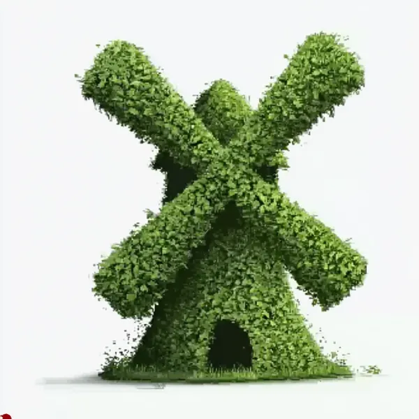http://104.243.29.242:8088/mid/微信截图_20250601132649.png A topiary of two X's made from green leaves, with the left side forming an 'X' and the right one reaching upwards like a windmill in the style of Japanese animation. The background is white, creating a contrast between them. There should be no text or other elements on it. This design would symbolize growth and creativity, combining natural beauty with a cartoonish charm --v 7.0