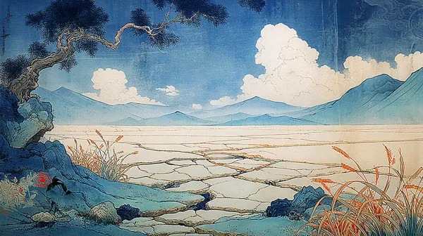 特写 固定镜头 平视 镜头拉近，展现地面龟裂的土地，缝隙中还有干草残枝。风格:传统工笔重彩东方古典意境，线条精细、色彩浓郁，营造神话般奇幻氛围.技法:工笔线描（勾勒形态）、中国传统配色 --ar 16:9 --sref http://104.243.29.242:8088/mid/Zhaojun_went_out_of_the_frontier.Medium_shot_fixed_b4aeebb6_50a1_4d91_9808_5bba9699640b.png --v 7.0