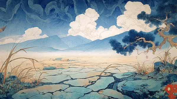 特写 固定镜头 平视 镜头拉近，展现地面龟裂的土地，缝隙中还有干草残枝。风格:传统工笔重彩东方古典意境，线条精细、色彩浓郁，营造神话般奇幻氛围.技法:工笔线描（勾勒形态）、中国传统配色 --ar 16:9 --sref http://104.243.29.242:8088/mid/Zhaojun_went_out_of_the_frontier.Medium_shot_fixed_b4aeebb6_50a1_4d91_9808_5bba9699640b.png --v 7.0