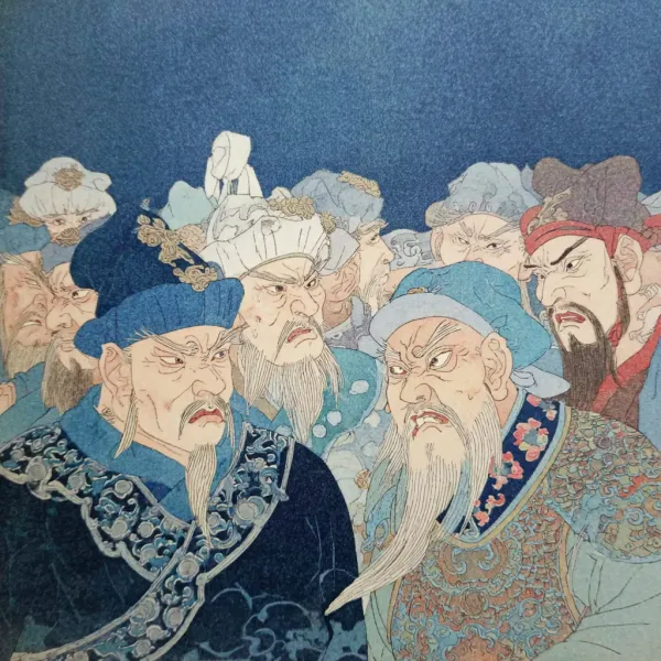 中景 固定镜头 平视 向导焦急地与匈奴护送将领、汉臣交谈，向导手舞足蹈地比划，匈奴将领眉头紧皱，汉臣面色严肃，队伍停滞，气氛紧张。中景 固定镜头 平视 向导焦急地与匈奴护送将领、汉臣交谈，向导手舞足蹈地比划，匈奴将领眉头紧皱，汉臣面色严肃，队伍停滞，气氛紧张。 --sref http://104.243.29.242:8088/mid/Zhaojun_went_out_of_the_frontier.Panoramic_view_Fixe_948eaaee_cc3f_4fce_8087_43e4b9cd71e4.png --v 7.0