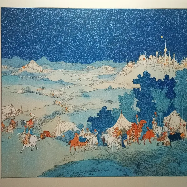 全景 固定镜头 俯视 夜幕降临，和亲队伍在沙漠中扎营，篝火零星闪烁，帐幕林立。风格:传统工笔重彩东方古典意境，线条精细、色彩浓郁，营造神话般奇幻氛围。 动作舒缓优雅 技法:工笔线描（勾勒形态）、中国传统配色 --sref http://104.243.29.242:8088/mid/Medium_shot_Fixed_shot_Head_up_The_guide_anxiously_0343f1c3_2df0_4031_b459_113e1af7fcfd.png --v 7.0