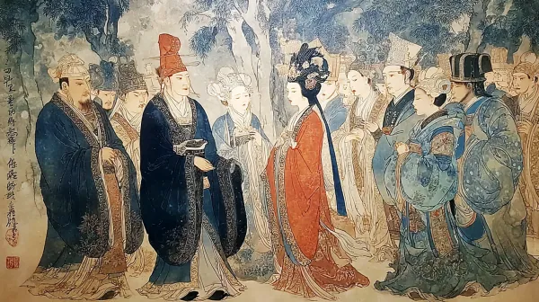 汉宫画师对她讲述"漠南有灵脉，需以诚心唤之"，画师苍老的面容和认真的神态。 王昭君在人群前身着红大氅，风格:传统工笔重彩东方古典意境，线条精细、色彩浓郁，营造神话般奇幻氛围。 人物:汉式服饰、古典发髻冠帽，动作舒缓优雅 技法:工笔线描（勾勒形态）、中国传统配色 --ar 16:9 --sref http://104.243.29.242:8088/mid/Zhaojun_went_out_of_the_frontier.Medium_shot_fixed_b4aeebb6_50a1_4d91_9808_5bba9699640b.png --v 7.0