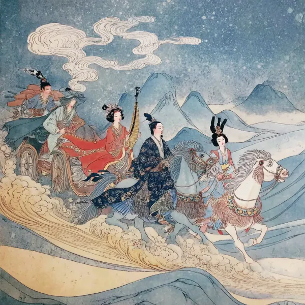 昭君出塞。中景 固定镜头 平视 黄沙漫天，汉匈和亲队伍在戈壁中蜿蜒前行，队伍中马车颠簸。王昭君在人群中身着红大氅，手捧琵琶。风格:传统工笔重彩东方古典意境，线条精细、色彩浓郁，营造神话般奇幻氛围。 人物:汉式服饰、古典发髻冠帽，动作舒缓优雅 技法:工笔线描（勾勒形态）、中国传统配色 --sref http://104.243.29.242:8088/mid/微信图片_20250617230301.jpg --v 7.0
