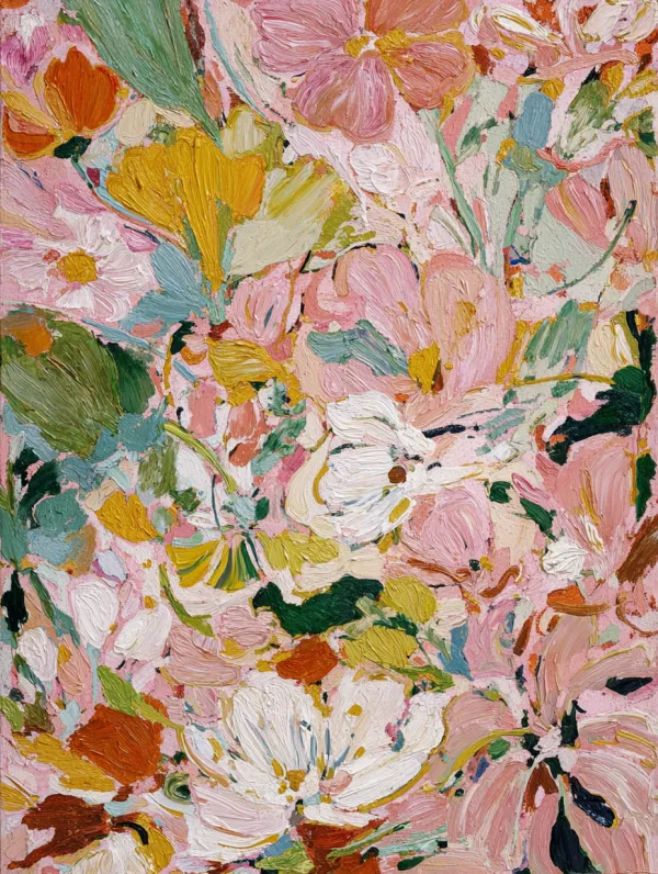 http://104.243.29.242:8088/mid/2025_05_31_15_26_IMG_1757.jpg 一幅抽象花园的油画，以粉红色、绿色、黄色、橙色和白色的各种类型和大小的花朵为特色。淡粉色、绿色和黄色花朵图案，具有抽象的形状，在未经处理的亚麻画布上以松散和手势的笔触制成油画。Jean Dubuffet风格的迷人水彩插图，用强烈的调色刀笔触，用精致的笔触在花瓣上创造出复杂的图案。背景是温暖柔和的色彩的混合，与充满活力的花卉元素形成鲜明对比增强了艺术品的俏皮情绪。。设计的某些部分有一种运动或流动的感觉，仿佛它们在微风中轻轻摇曳。玛丽安·诺斯的风格。 --ar 3:4 --iw 2 --v 7.0