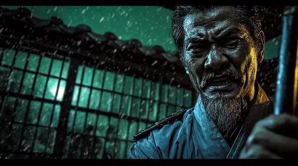 http://104.243.29.242:8088/mid/5月30日.png::1 1 分镜1:深夜保安室 画面描述: 老保安老王紧攥警棍，额头渗汗，身后是监控屏闪烁的雪花点。窗外夜色浓重，月光被乌云遮蔽，校门铁栏投下蛛网般的阴影。 提示词: 电影质感恐怖镜头，中年保安制服浸透冷汗，警棍反光，监控屏蓝光映在惊恐的脸上，低角度广角镜头，暗绿色调，潮湿雾气弥漫，伦勃朗光影，压抑构图 --ar 16:9 --v 7.0
