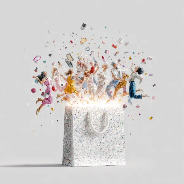 A white background with a shopping paper bag sitting in the middle. The bag shimmers like magic when it is opened. From the light, a group of energetic and youthful people jumped in the air, full of life and joy. Dolls/cosmetics/digital accessories burst and float in the air, scattered like confetti. Illustration style, bright colors, dynamic composition, lively and vivid atmosphere, high energy, whimsical and imaginative. --v 7.0