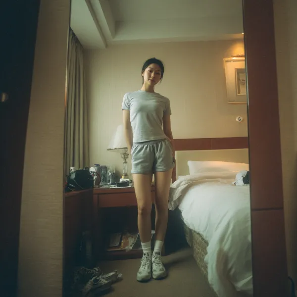 图片风格为人像摄影，远景，图片视角微微从上向下，图片比例3:4。 请你画一张及其平凡无奇的iPhone对镜自拍照，主角是在中国酒店房间中面朝镜子自拍的身材高大的中国成年女大学生排球运动员，她身高两米四，身穿简单的贴身衣物，黑色短发，小腹平坦，皮肤白皙面容精致美丽，脚上穿着白色袜子，她直面镜子微微侧身站立在床铺旁边，床铺不到她的小腿膝盖高度，床铺旁边放有床头柜，高大的她几乎占据了房间内所有的空间。 身材高大的她并不消瘦，相反她体格壮硕，尤其体现她长年运动后健壮而修长的腿部，粗壮的大腿，紧实的臀部，以及与其身高相匹配的大脚。人物身材超现实描写 构图混乱整体呈现出一种平庸和日常感，细节丰富，床头柜上的电话旁放着一只她随手脱下来的大码低帮白色帆布鞋，鞋子很大几乎占据了整个床头柜。 可增加房间内的家具等对比项，例如她脚边的地上放着的饮料瓶和地上放着的一双对于她而言犹如童鞋般大小的一次性拖鞋，突出少女的高大 --v 7.0
