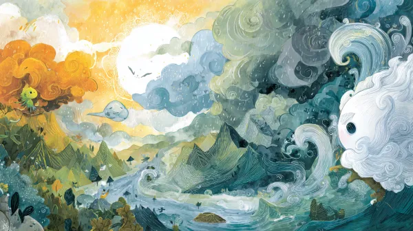 Children's book panoramic illustration: A water droplet's journey shown in one image. Top-left: Cheerful droplet playing with fluffy cloud, rain starting to fall. Center: Droplet carried by feminine stream spirit over waterfall into river with wise old river spirit pointing forward. Bottom-right: Grandfather wave with foamy beard pushing droplet toward motherly ocean figure in sea. Background: Hidden rising steam trails forming loop, warm sunset colors, soft watercolor textures, coherent scene transitions --ar 16:9 --style raw --v 7.0