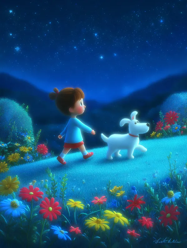 On a starry night, the little girl Lulu sneaks out of the house and follows her furry friend, a little white dog, on a journey to the kingdom of stars. They pass through singing flowers and plants, jump on the soft blue grass, chase the glowing flowers, and look for the legendary "talking stars". --s 950 --v 7.0 --chaos 30 --ar 3:4 --p 4av9v7f --sref http://104.243.29.242:8088/mid/参考图_2384107c77fc43fe819a7ce06fae53dc.png