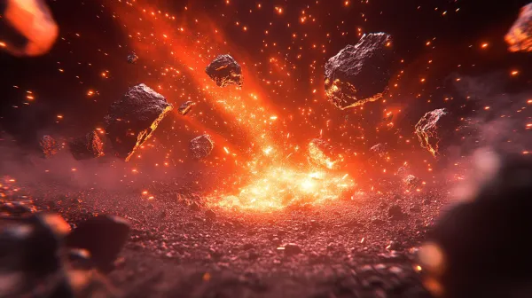 http://104.243.29.242:8088/mid/55_3b29e2ebad23407c810589b9039eb581.png::1 A dark and red sky, with shattered small meteorites and rocks suspended in the air, undulating ground, foreground rocks, impactful special effects images, dynamic blurring, and diffuse visual effects,This composition emphasizes depth through the use of perspective, focusing attention on details within the central frame while allowing other elements to fade out of the background. 8K，C4D，--s 250 --v 6.1 --ar 16:9