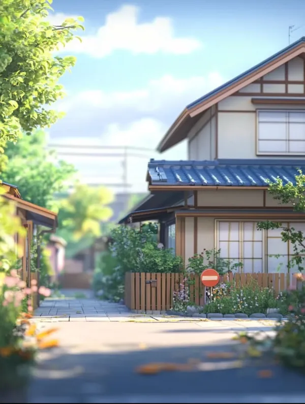 http://104.243.29.242:8088/mid/8694d35e226967da15f1332e5ac342b.jpg::2 Pixar style, roadside, doorstep, background in front of a Japanese house, The composition emphasizes depth through the use of perspective, focusing on details within the central frame while allowing other elements to fade out of the background. 8K，C4D，--s 250 --v 6.1 --ar 3:4