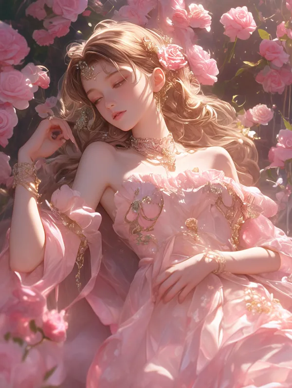 A gorgeous woman wearing a light pink antique style long dress, with long hair curled up and exquisitely decorated. Her figure is hot, and the background is glass and pink flowers. Ancient style, close-up, classical elegant atmosphere, exquisite --niji 6 --ar 3:4