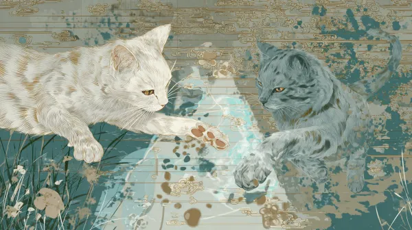 猫咪，壁画风山海经场景，狸花猫爪按基因库界面触发投影，竹林浮现半透明治水图:毕方衔火烘干堤坝，文鳐鱼群搬石料，旋龟背河道图引路，矿物颜料质感，古朴卷轴晕染 ，复古，奇幻，爪印与治水投影的静帧 ，校园中的场景，有教学楼 --ar 16:9 --v 7.0