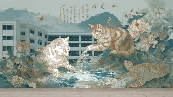 http://104.243.29.242:8088/mid/Cats_mural_style_mountain_and_sea_scripture_scene_b1963c6d_aeca_46c1_b8eb_9d88d79ddcb4.png::1 壁画风山海经场景，所有校园动物齐聚湖边，毕方火叶、文鳐水幕、旋龟泥阵组成三才大阵，与基因库数据共鸣，湖水竟浮现《山海经》全文光影，三才大阵与经文湖的静帧，校园中的场景，复古，奇幻 --ar 16:9 --v 7.0