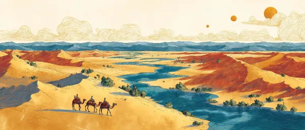 http://104.243.29.242:8088/mid/2025_06_24_18_55_38_1551.png A desert illustration, large scene, wide-angle, with camel caravan elements and rivers. --ar 21:9 --v 7.0