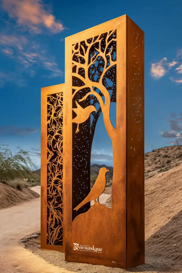 http://104.243.29.242:8088/mid/微信截图_20250623202734.png Wayfinding signs in the desert, weathering steel hollowed-out, birds, trees, elements --v 7.0 --ar 2:3