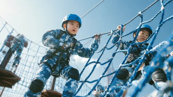 http://104.243.29.242:8088/mid/d_3424a706b31844efb6d4832d7f02df03.png::3 远景，中国8岁学生们身穿蓝色迷彩服，攀爬历奇探险高空网阵，所有学生都佩戴头盔护膝绳索，眼神专注，下方有教官保护。活力氛围，阳光向上。超写实画风，唯美，电影质感，超清晰画质，高分辨率，通透感，景深。不要动漫卡通风格，不要任何标志、标识、字符 --ar 16:9 --v 7.0