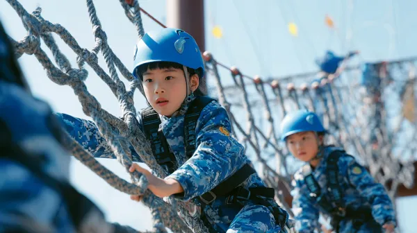 http://104.243.29.242:8088/mid/d_3424a706b31844efb6d4832d7f02df03.png::3 远景，中国8岁学生们身穿蓝色迷彩服，攀爬历奇探险高空网阵，所有学生都佩戴头盔护膝绳索，眼神专注，下方有教官保护。活力氛围，阳光向上。超写实画风，唯美，电影质感，超清晰画质，高分辨率，通透感，景深。不要动漫卡通风格，不要任何标志、标识、字符 --ar 16:9 --v 7.0