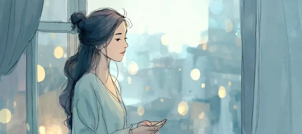 以手绘风格绘制的室内窗边场景，一位扎起长发、身着简约浅色衣服、姿态闲适、手持类似手机物品的女性。背景是模糊城市景象及光斑点缀，营造静谧文艺氛围，风格简洁富有故事感，线条简洁流畅，色彩淡雅 --ar 96:43 --v 7.0