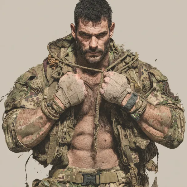 Comic style, the muscular special forces looked at each other, raised his arms, tied his wrist with necklet, tore the camouflage suit, --v 7.0