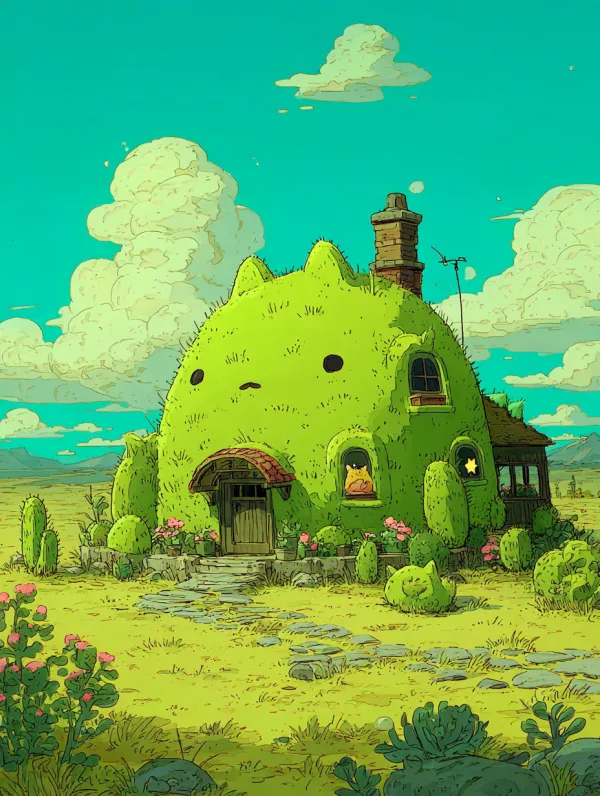 A cozy cactus-shaped house nestled in a soft desert landscape at golden hour, warm sunlight, fluffy cloud-like texture, rounded organic forms, pastel color palette (mint green, blush pink, sandy beige, sky blue), tiny blooming flowers on cactus spines, friendly small animals nearby (like a sleeping desert fox or curious lizard), whimsical chimney puffing cotton candy smoke, star-shaped windows glowing softly, peaceful and serene atmosphere, illustrated in a soft watercolor and colored pencil style with gentle textures and soft focus background, Studio Ghibli inspired, very cute and heartwarming.房子里面有一只黄熊和一直白熊居住 --ar 3:4 --sref http://104.243.29.242:8088/mid/a1dec49087b6b3d035327abae235e6e.jpg --v 7.0