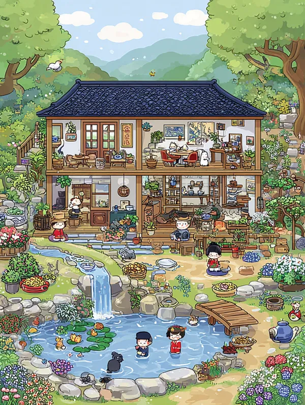 An isometric view of the interior garden and yard of an old Chinese farmhouse, with green trees everywhere. There's a small stream running through it, on which two cats in red boots walk together. A large wooden house stands next to them, surrounded by various plants and flowers. , while cartoon characters can be seen playing around. --ar 3:4 --sref https://jobs2-1322276187.cos.ap-shanghai.myqcloud.com/1749898256444/5fc86947-4fdd-440c-bff8-300bab854438.jpeg --v 7.0