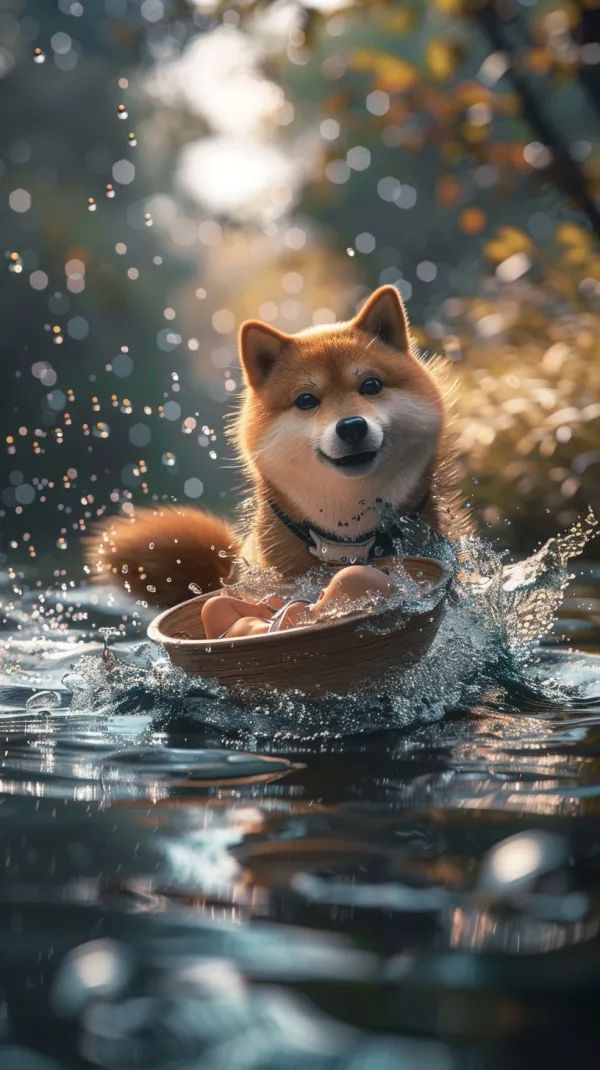 A brave cute Shiba Inu dog swimming in a river, pushing a floating bowl with a baby inside, intense effort, water splashing, cinematic lighting, emotional Pixar-style 3D cartoon look --ar 9:16 --v 6.0