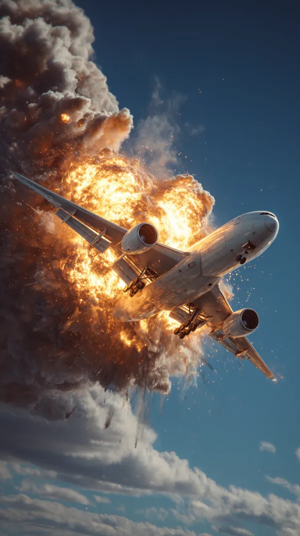The sky is blue, the plane falls from high altitude and bursts into flames, explosion effect, realistic photographic style. --ar 9:16 --v 7.0
