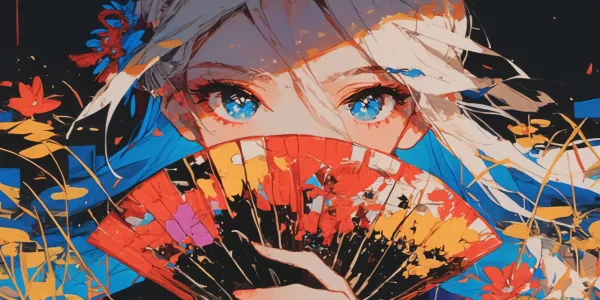Michael Craig Martin's Healing blue, with a dreamy black background, bright 2D hand drawn style, soft texture, dczytt style, vivid colors, thick acrylic, txzd style with strong noise texture and hand drawn strokes, and snhb style with hand drawn strokes. A white haired and blue eyed girl holding a red folding fan surrounded by red and yellow flowers, the scene is full of bright colors and expressive strokes. --ar 2:1 --s 1000 --niji 6